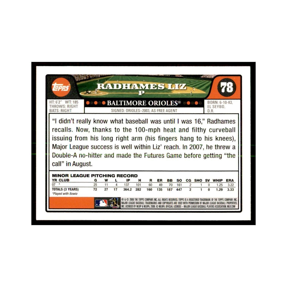 Radhames Liz 2008 Topps #78 Baseball Cards Baseball Card NM
