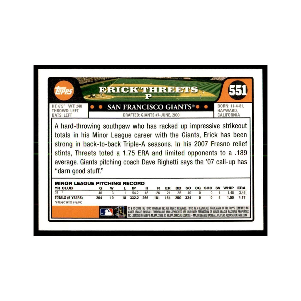 Erick Threets 2008 Topps #551 Baseball Cards Baseball Card NM