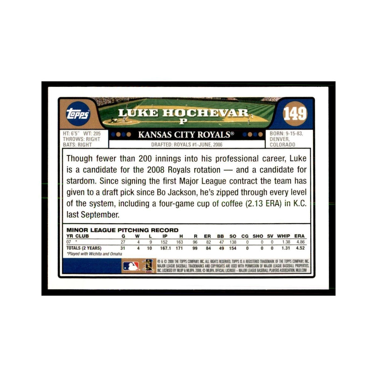 Luke Hochevar 2008 Topps #149 Baseball Cards Baseball Card NM