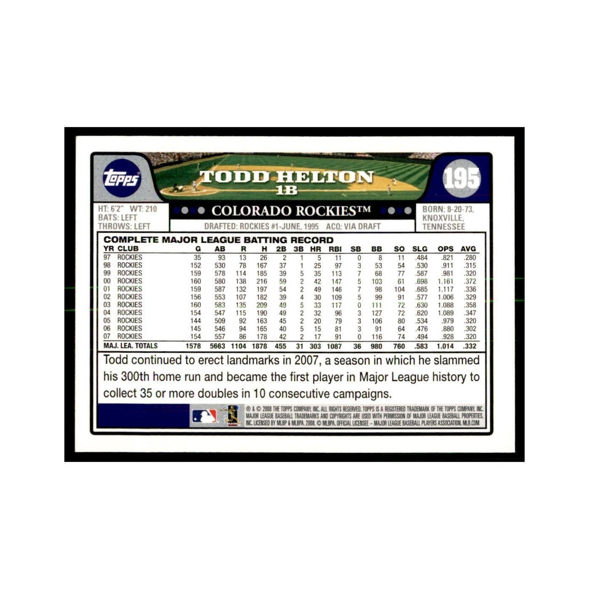 Todd Helton 2008 Topps #195 Baseball Cards Baseball Card NM