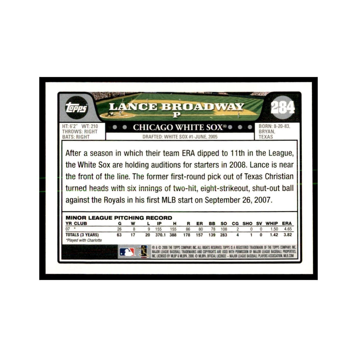 Lance Broadway 2008 Topps #284 Baseball Cards Baseball Card NM