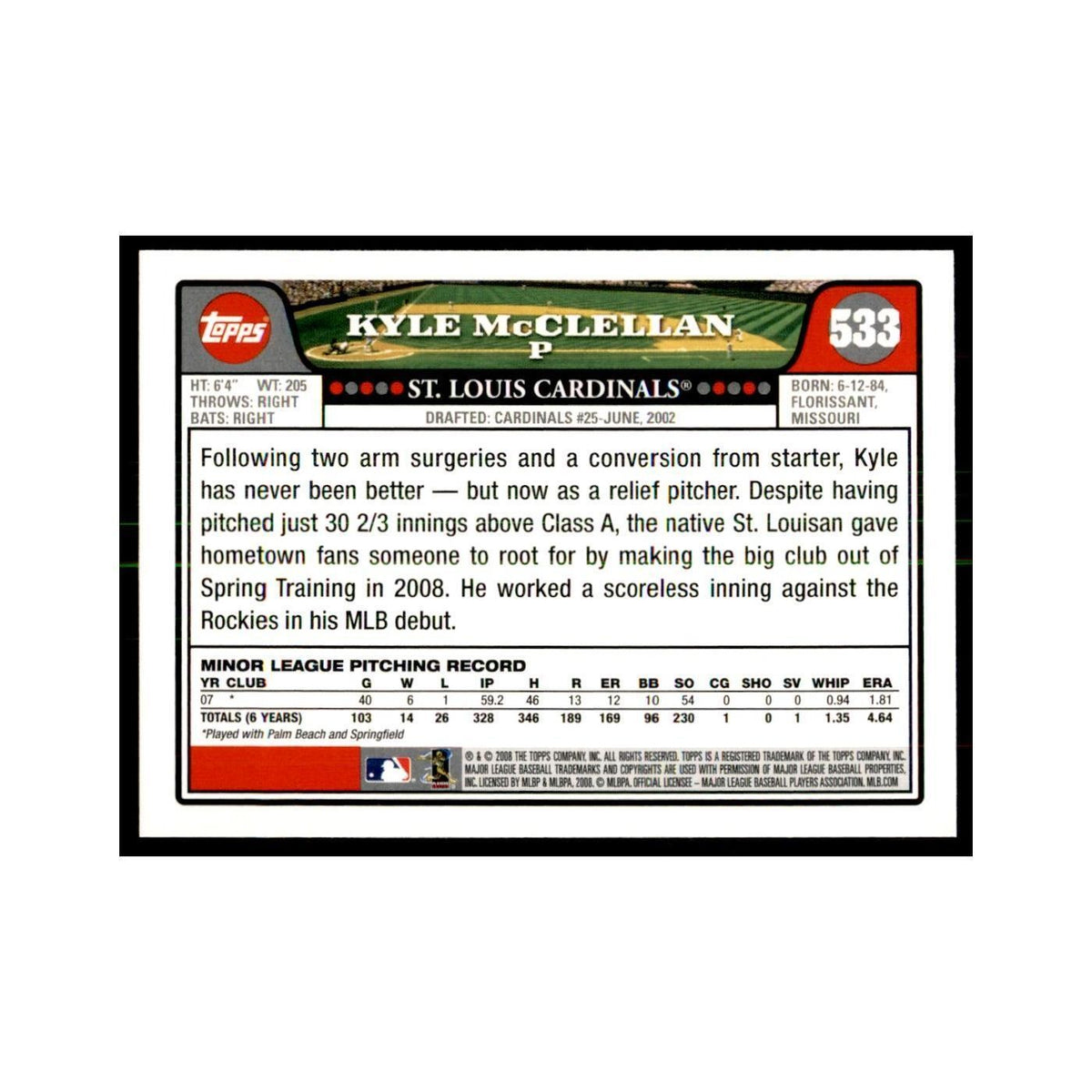Kyle McClellan 2008 Topps #533 Baseball Cards Baseball Card NM