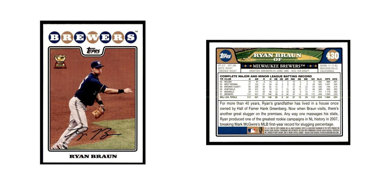 Ryan Braun 2008 Topps #430 Baseball Cards Baseball Card NM