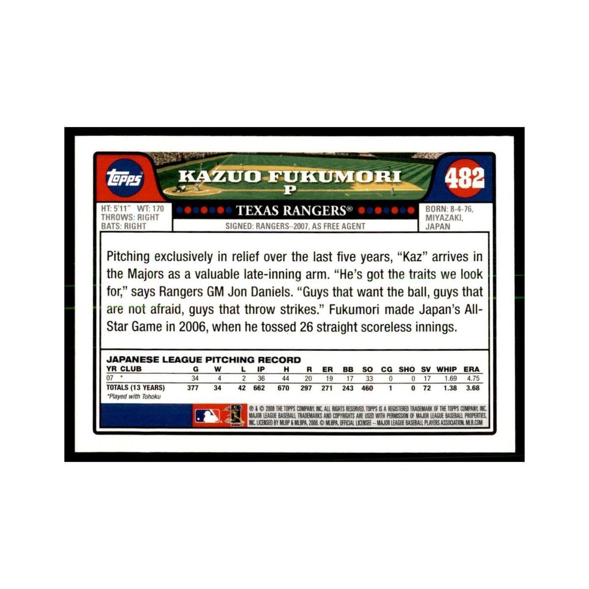 Kazuo Fukumori 2008 Topps #482 Baseball Cards Baseball Card NM