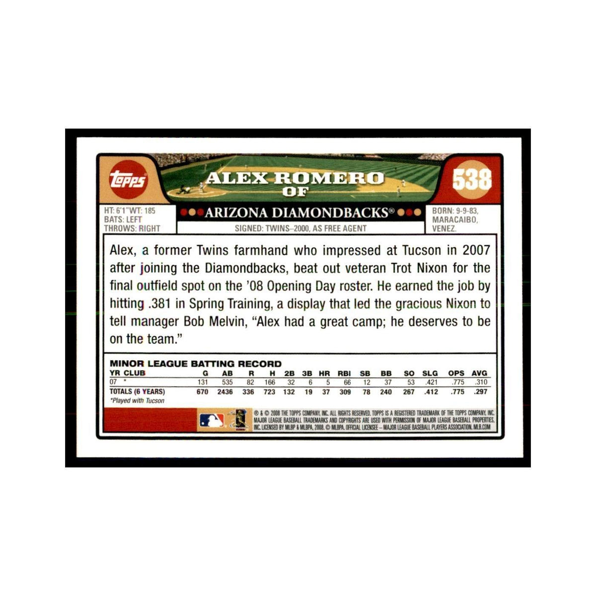 Alex Romero 2008 Topps #538 Baseball Cards Baseball Card NM