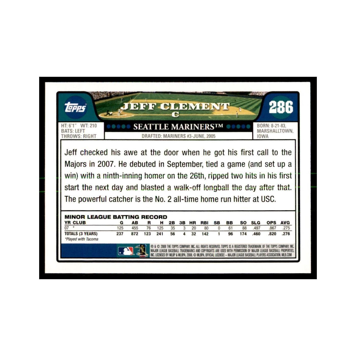 Jeff Clement 2008 Topps #286 Baseball Cards Baseball Card NM