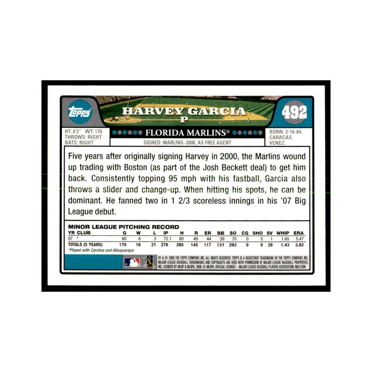 Harvey Garcia 2008 Topps #492 Baseball Cards Baseball Card NM