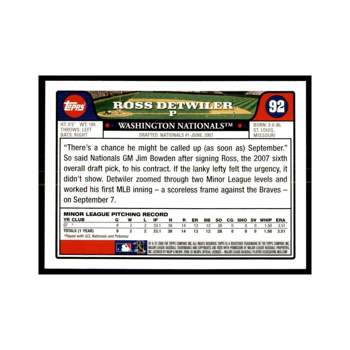 Ross Detwiler 2008 Topps #92 Baseball Cards Baseball Card NM