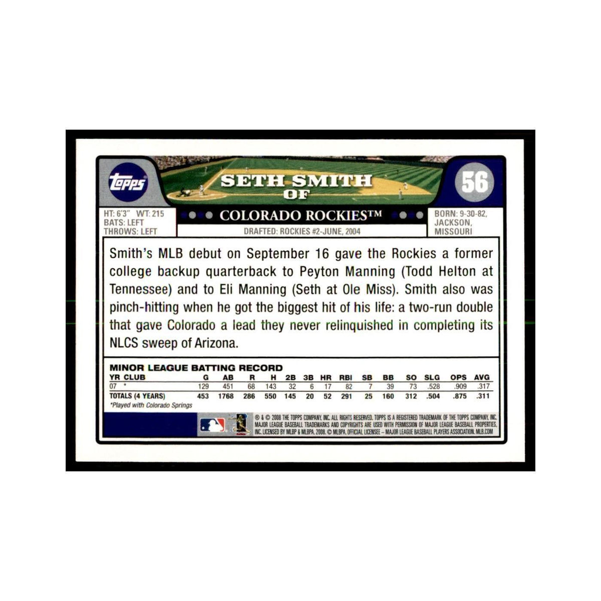 Seth Smith 2008 Topps #56 Baseball Cards Baseball Card NM