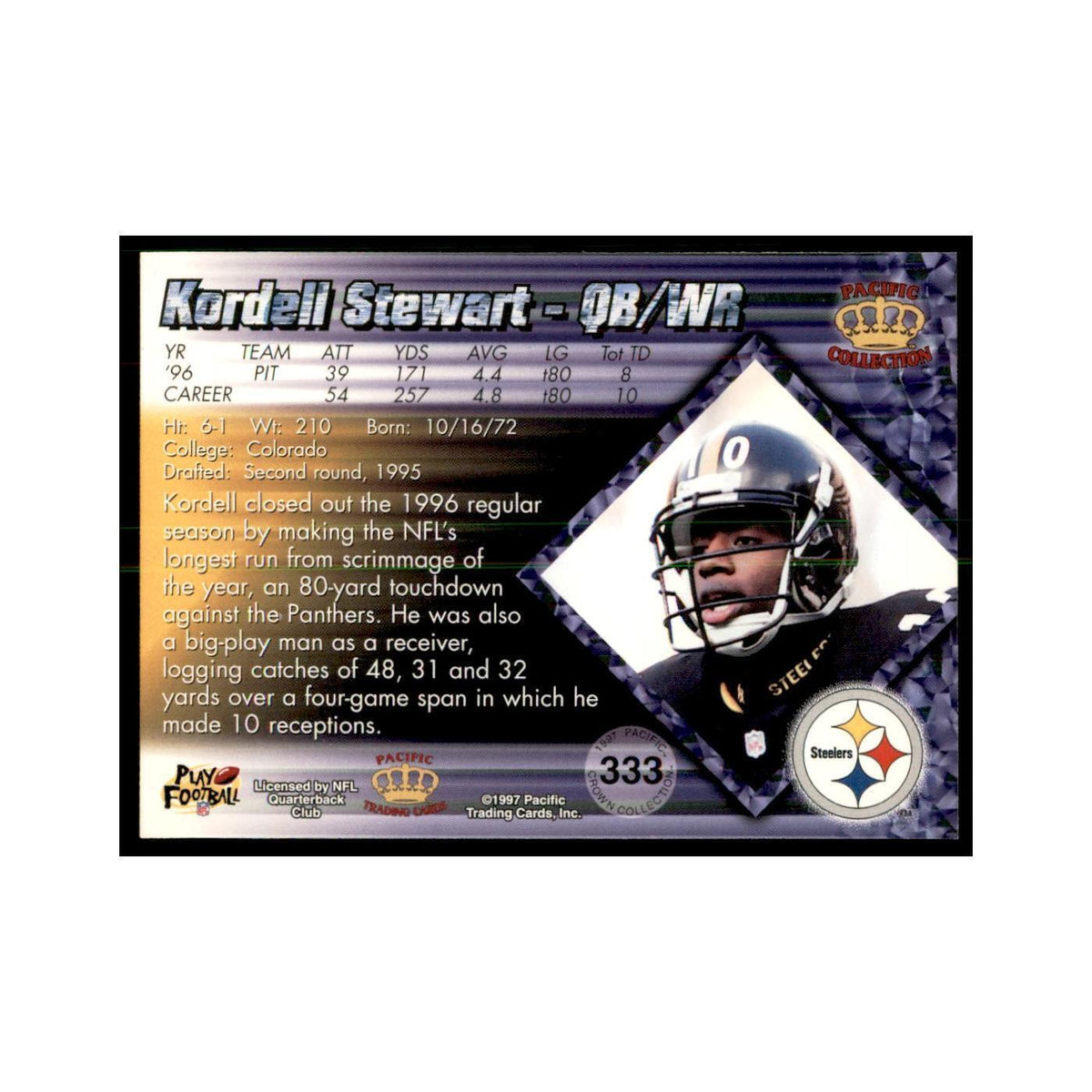 Kordell Stewart 1997 Pacific #333 Football Cards Football Card NM