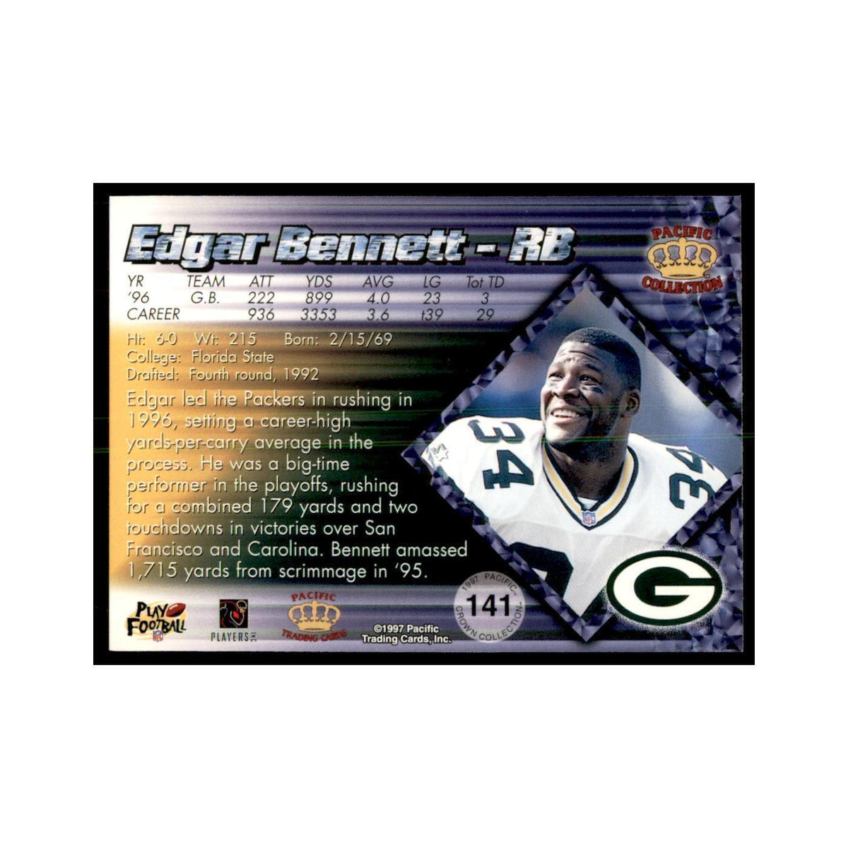 Edgar Bennett 1997 Pacific #141 Football Cards Football Card NM