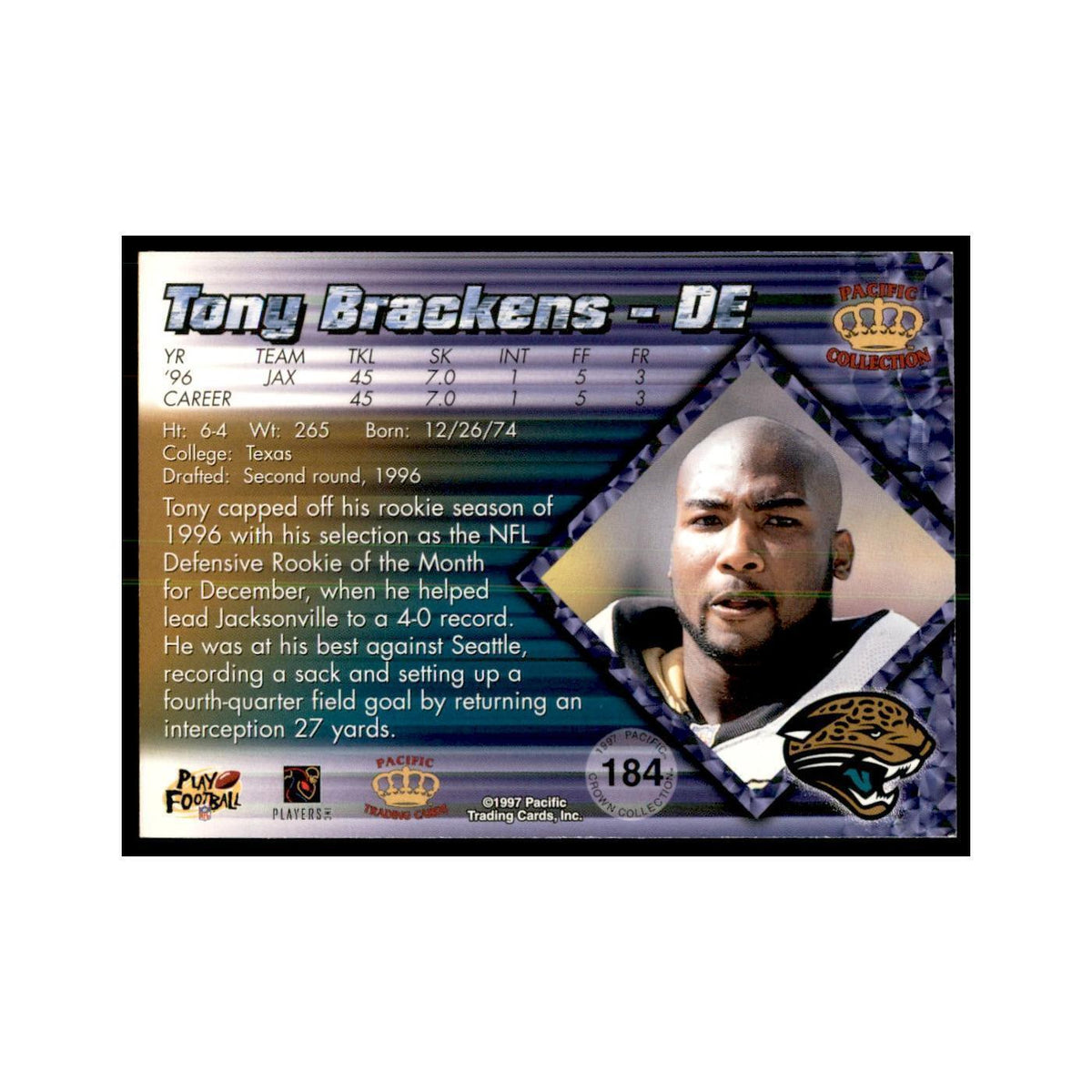 Tony Brackens 1997 Pacific #184 Football Cards Football Card NM