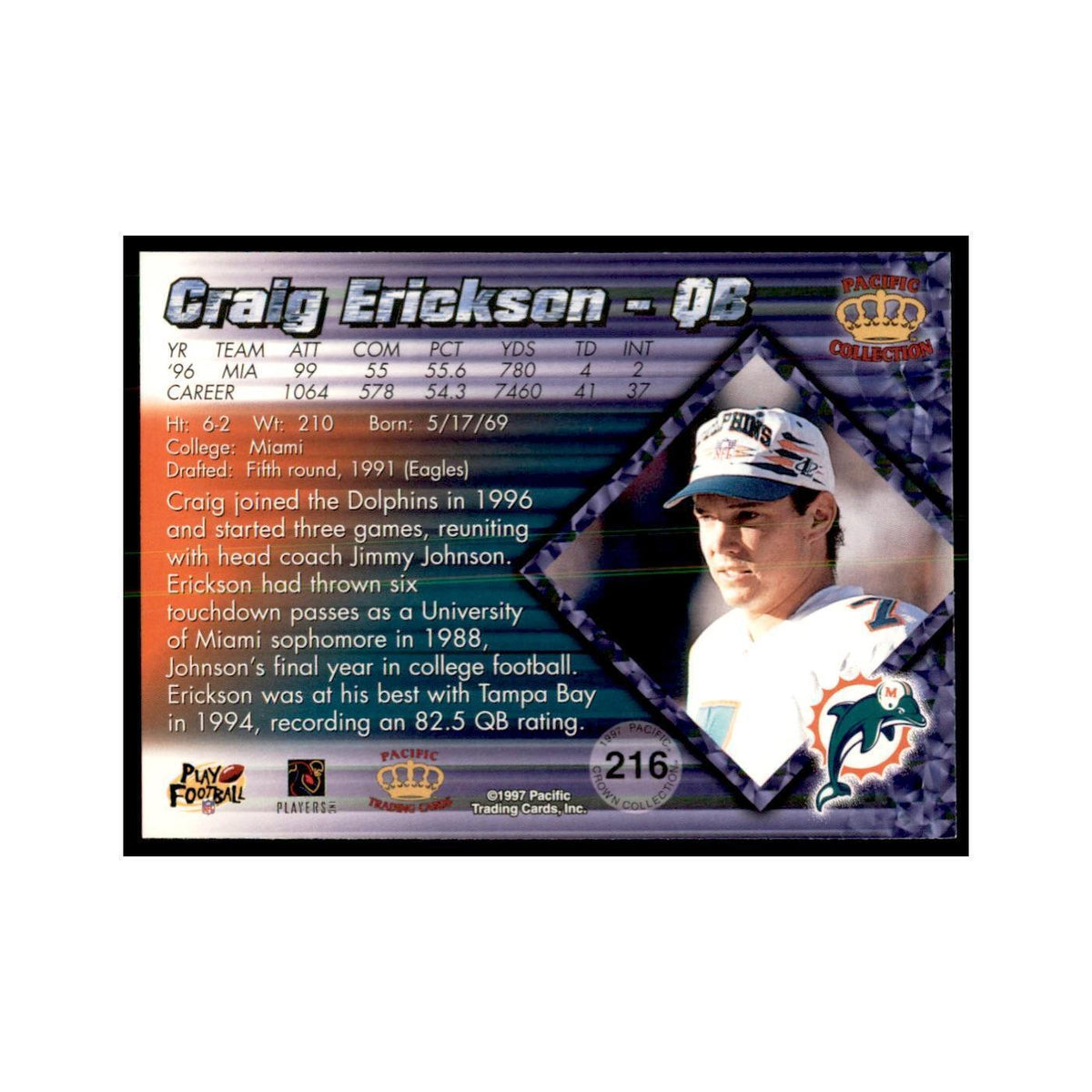 Craig Erickson 1997 Pacific #216 Football Cards Football Card NM