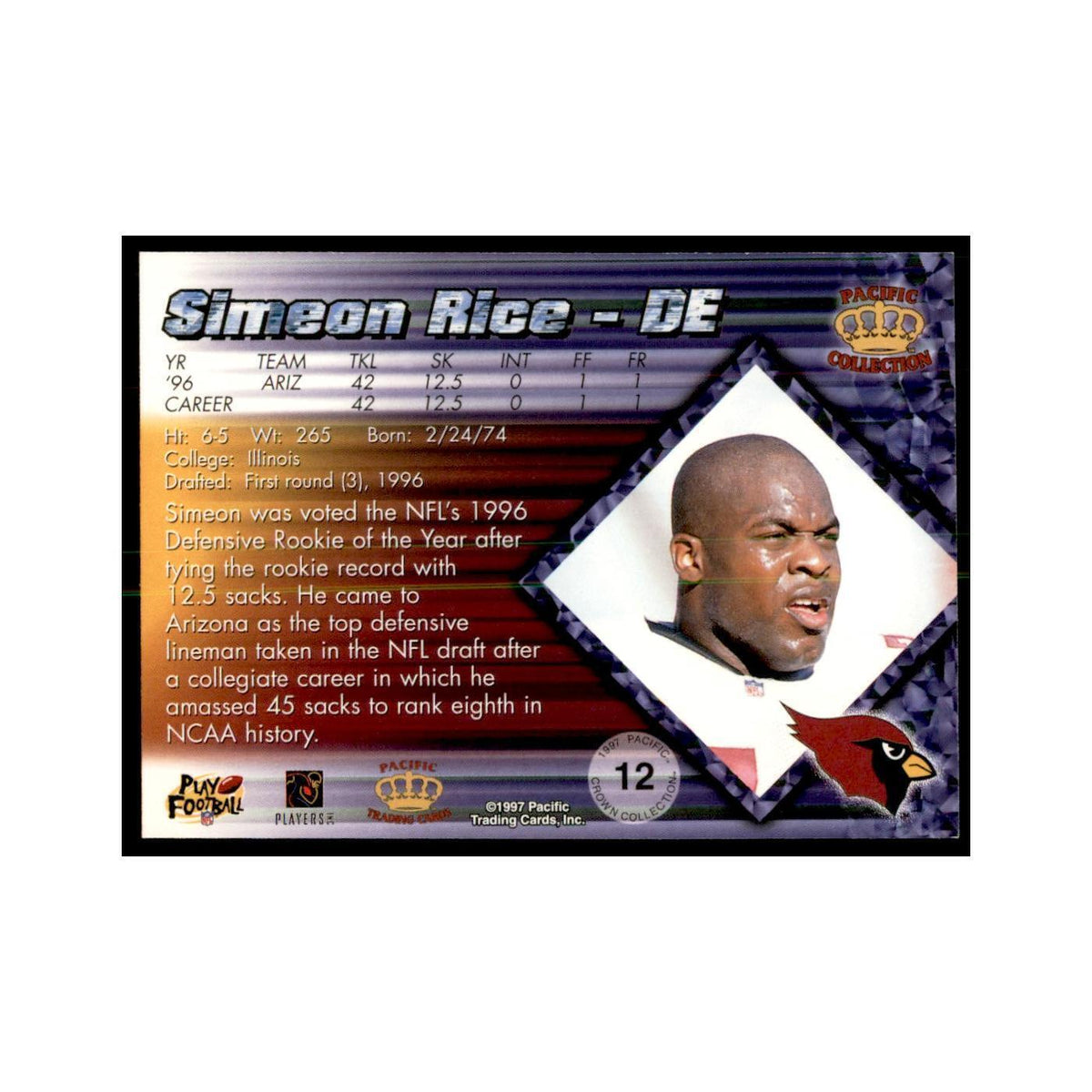 Simeon Rice 1997 Pacific #12 Football Cards Football Card NM