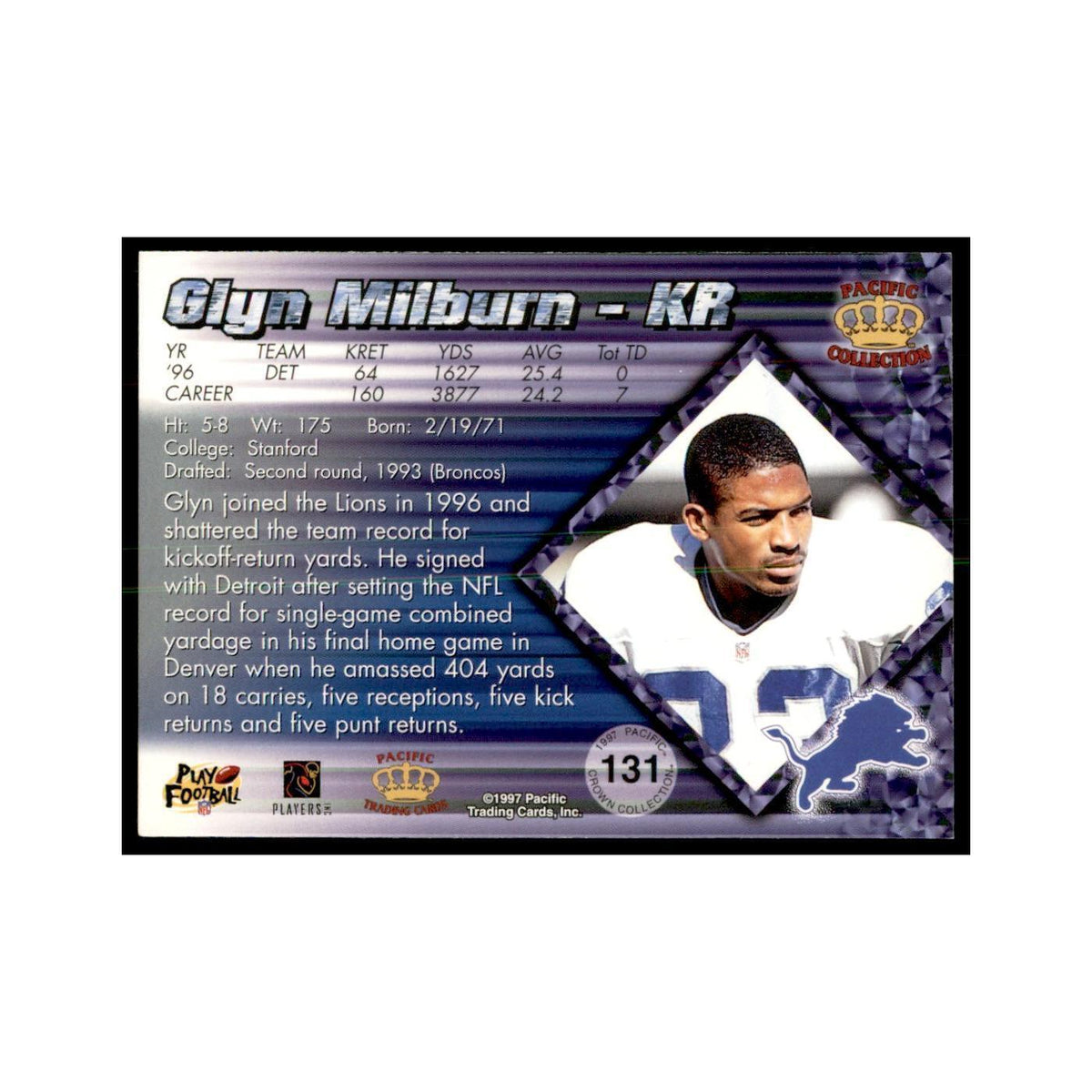 Glyn Milburn 1997 Pacific #131 Football Cards Football Card NM