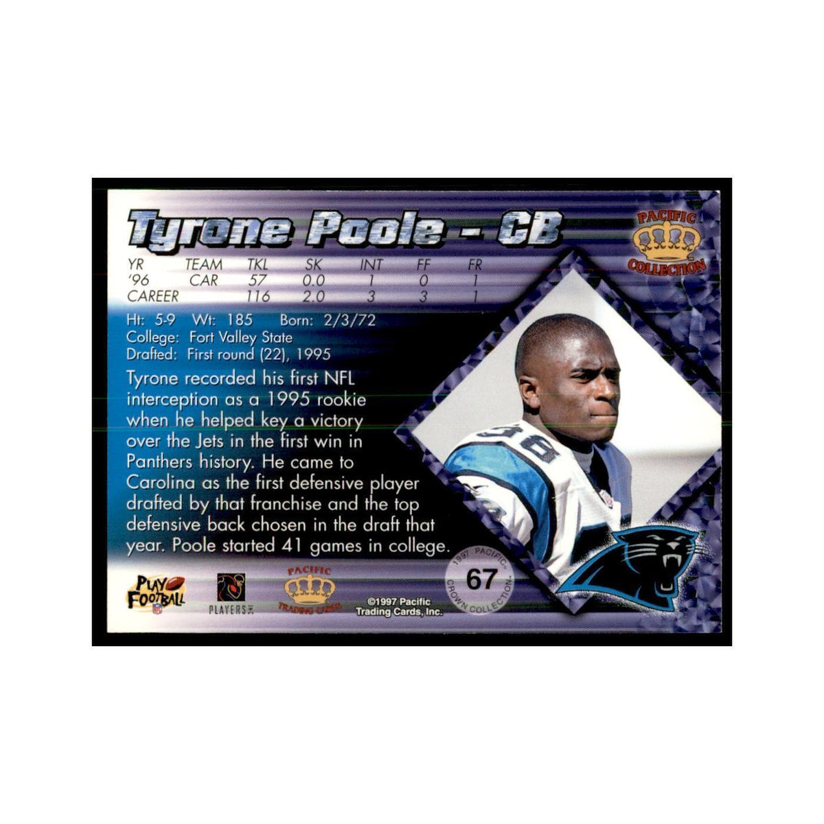 Tyrone Poole 1997 Pacific #67 Football Cards Football Card NM