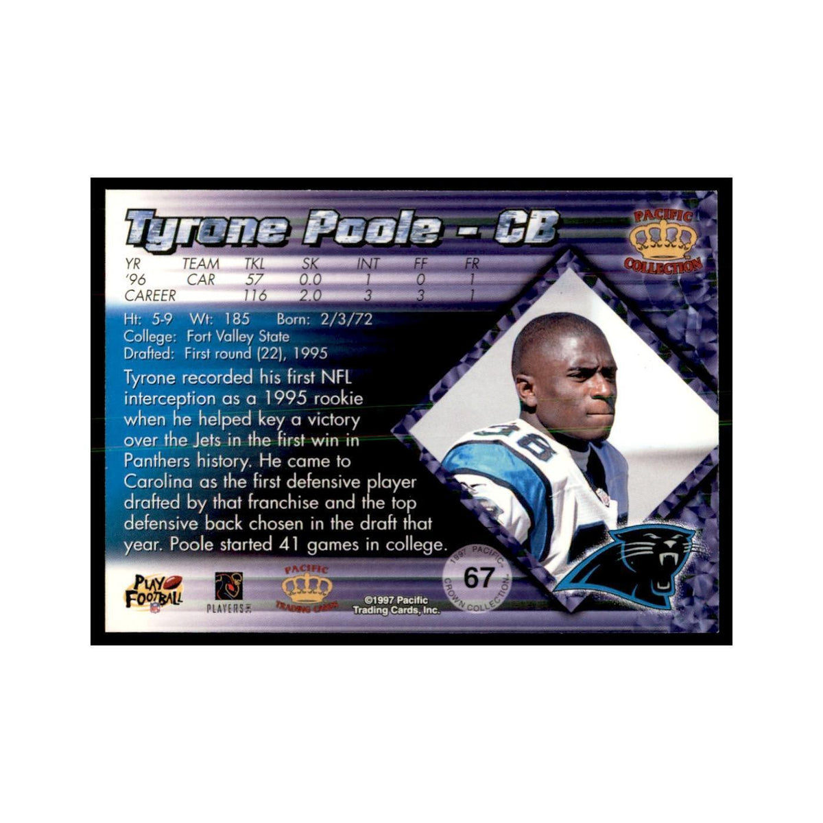 Tyrone Poole 1997 Pacific #67 Football Cards Football Card NM