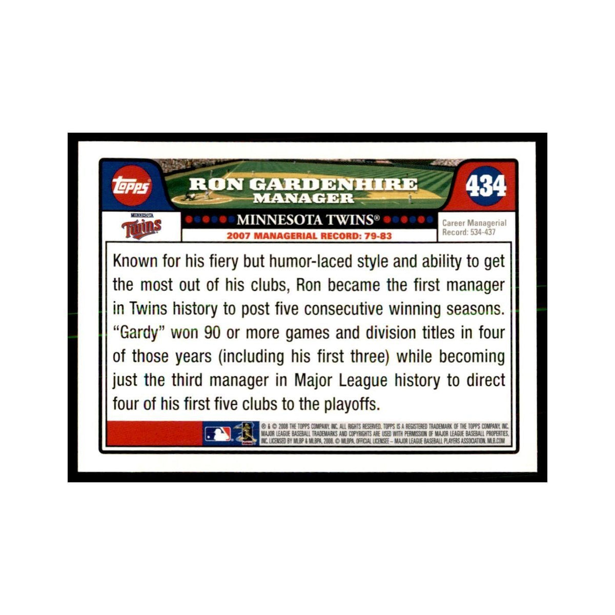 Ron Gardenhire 2008 Topps #434 Baseball Cards Baseball Card NM