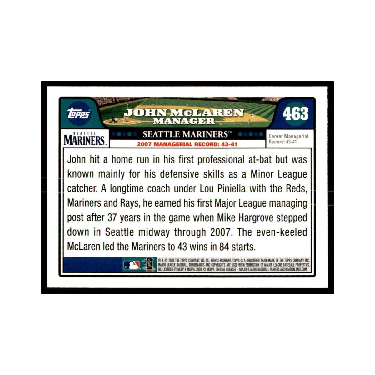 John McLaren 2008 Topps #463 Baseball Cards Baseball Card NM
