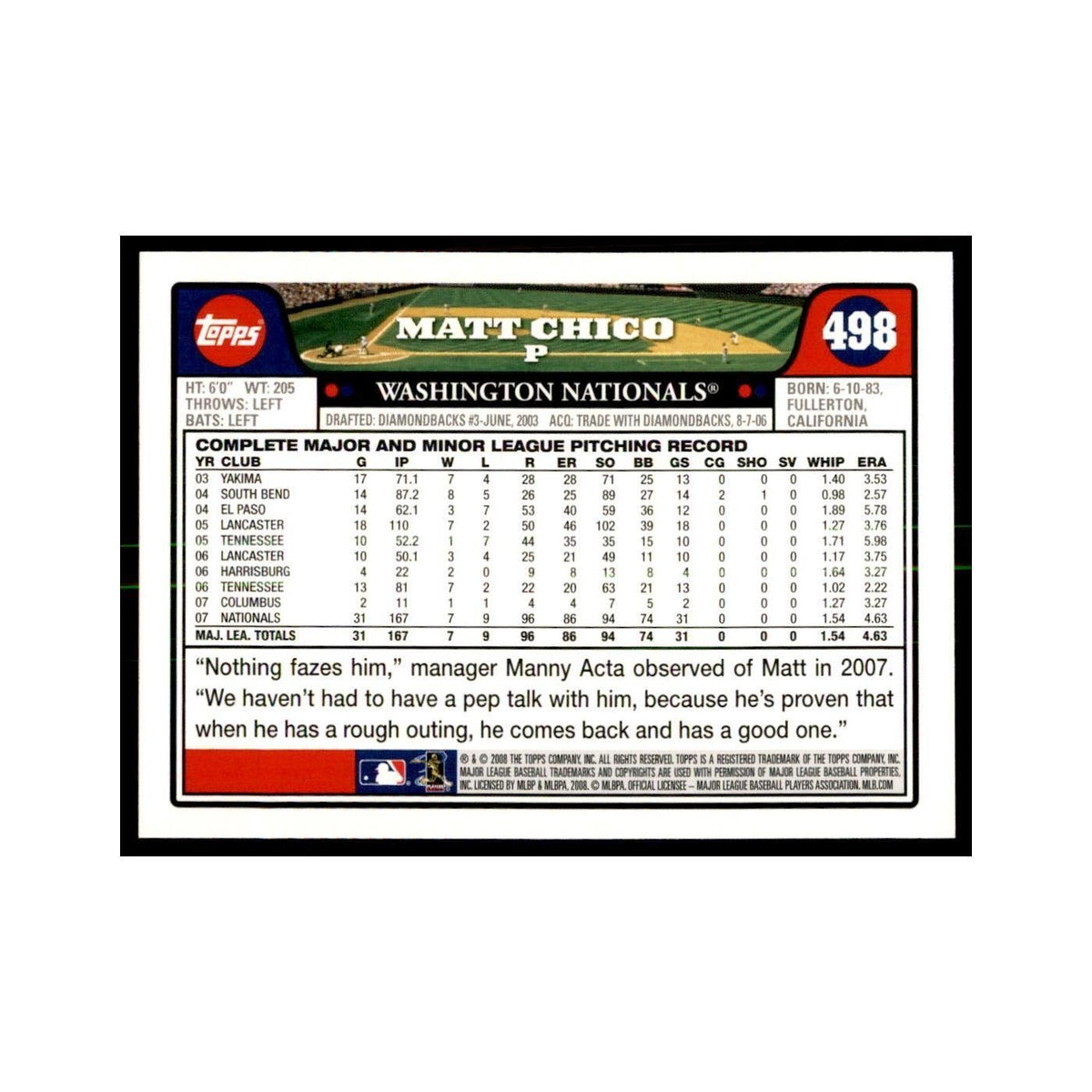 Matt Chico 2008 Topps #498 Baseball Cards Baseball Card NM