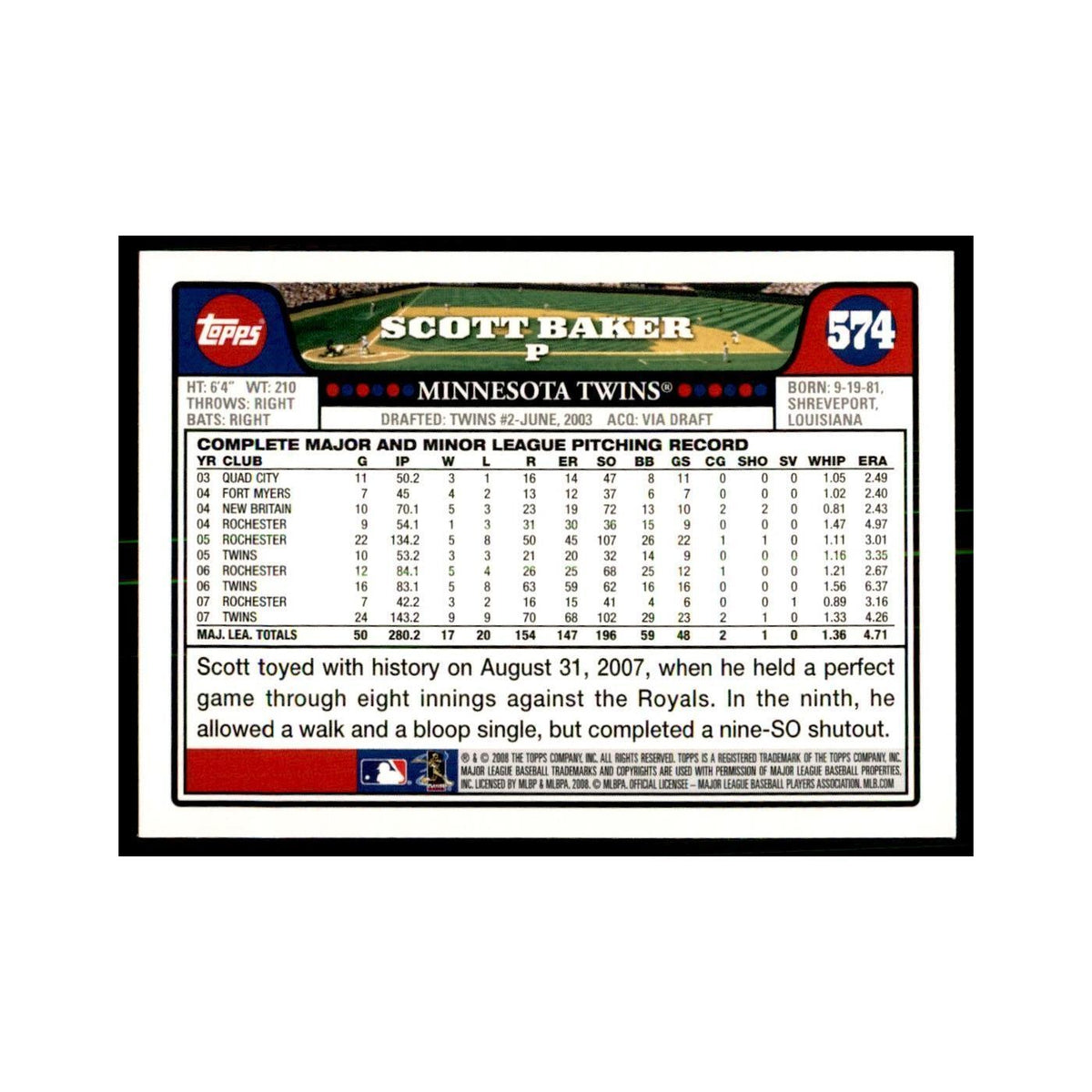 Scott Baker 2008 Topps #574 Baseball Cards Baseball Card NM