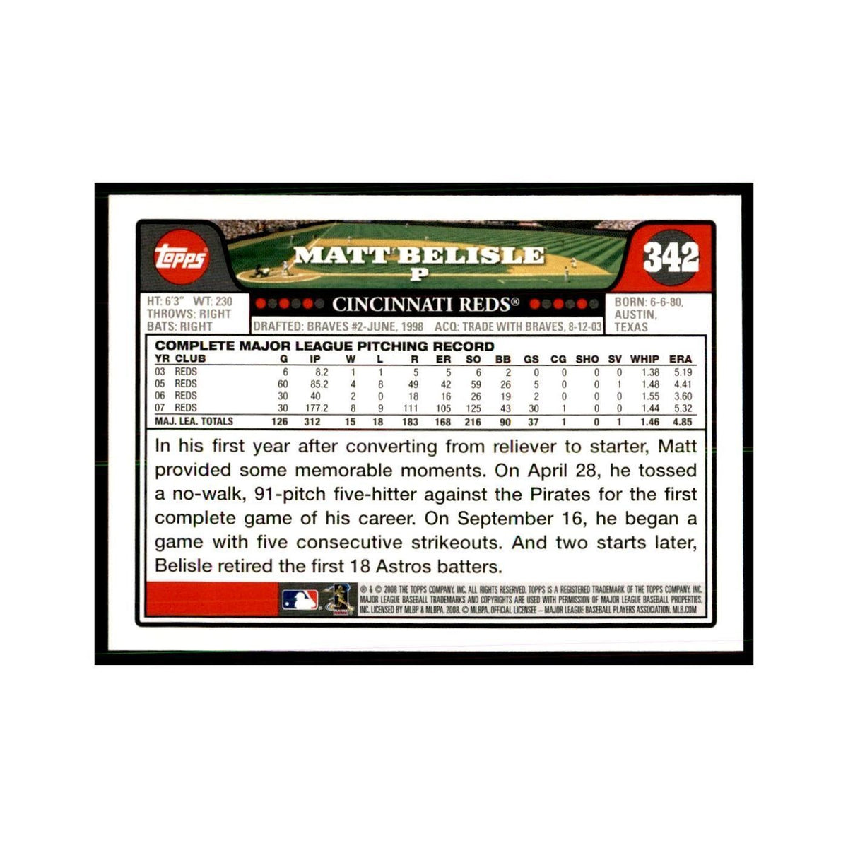 Matt Belisle 2008 Topps #342 Baseball Cards Baseball Card NM