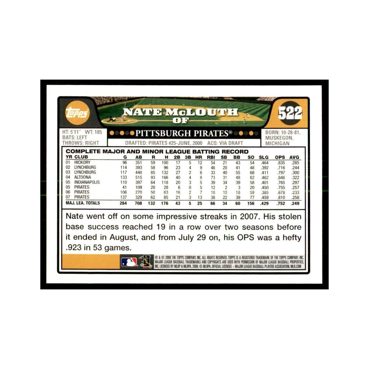 Nate McLouth 2008 Topps #522 Baseball Cards Baseball Card NM