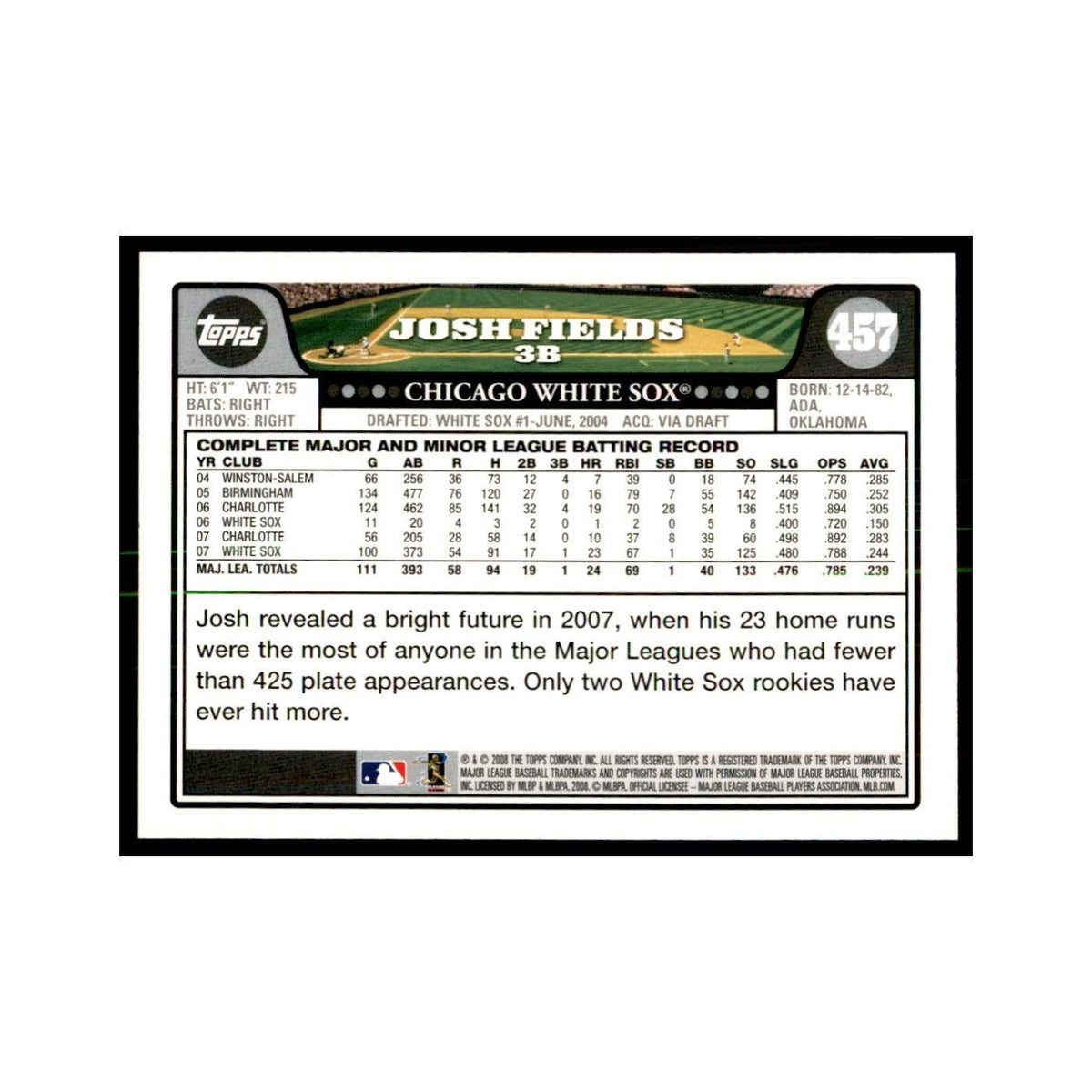 Josh Fields 2008 Topps #457 Baseball Cards Baseball Card NM