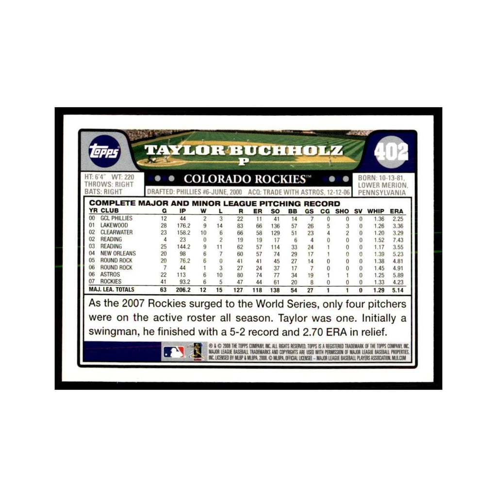 Taylor Buchholz 2008 Topps #402 Baseball Cards Baseball Card NM