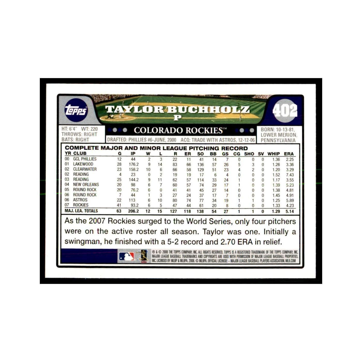Taylor Buchholz 2008 Topps #402 Baseball Cards Baseball Card NM