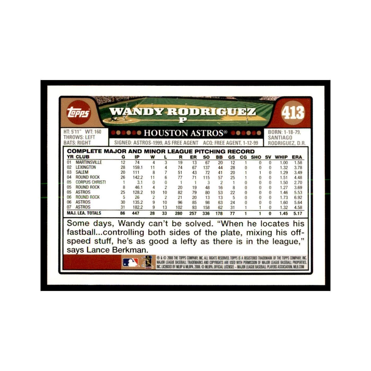 Wandy Rodriguez 2008 Topps #413 Baseball Cards Baseball Card NM