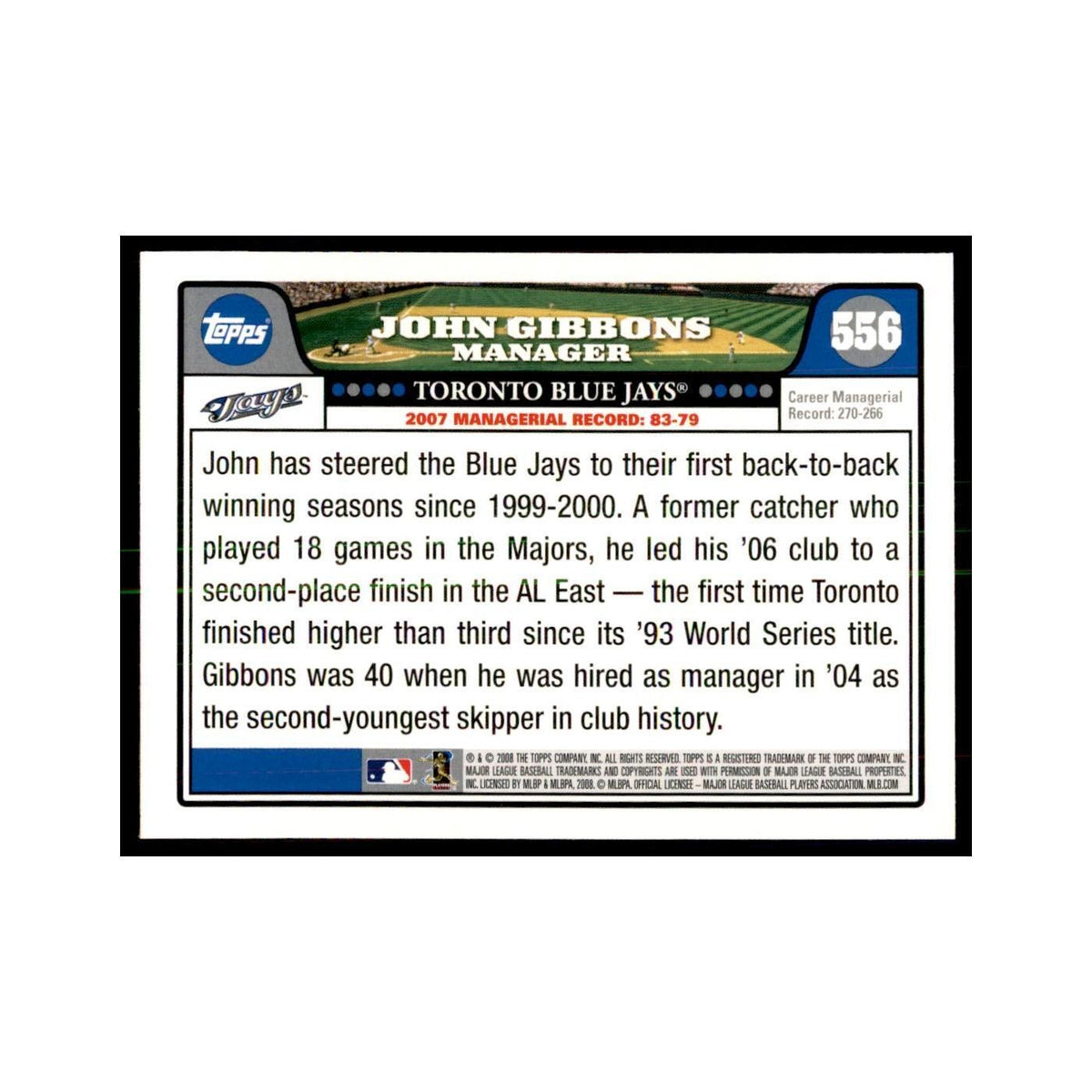 John Gibbons 2008 Topps #556 Baseball Cards Baseball Card NM