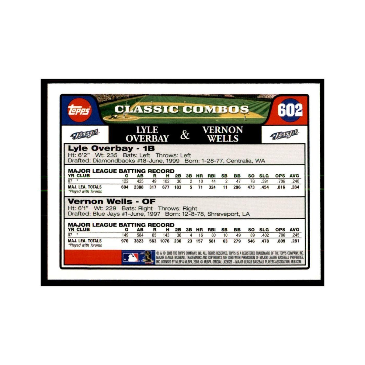 Lyle Overbay Vernon Wells 2008 Topps #602 Baseball Cards Baseball Card NM