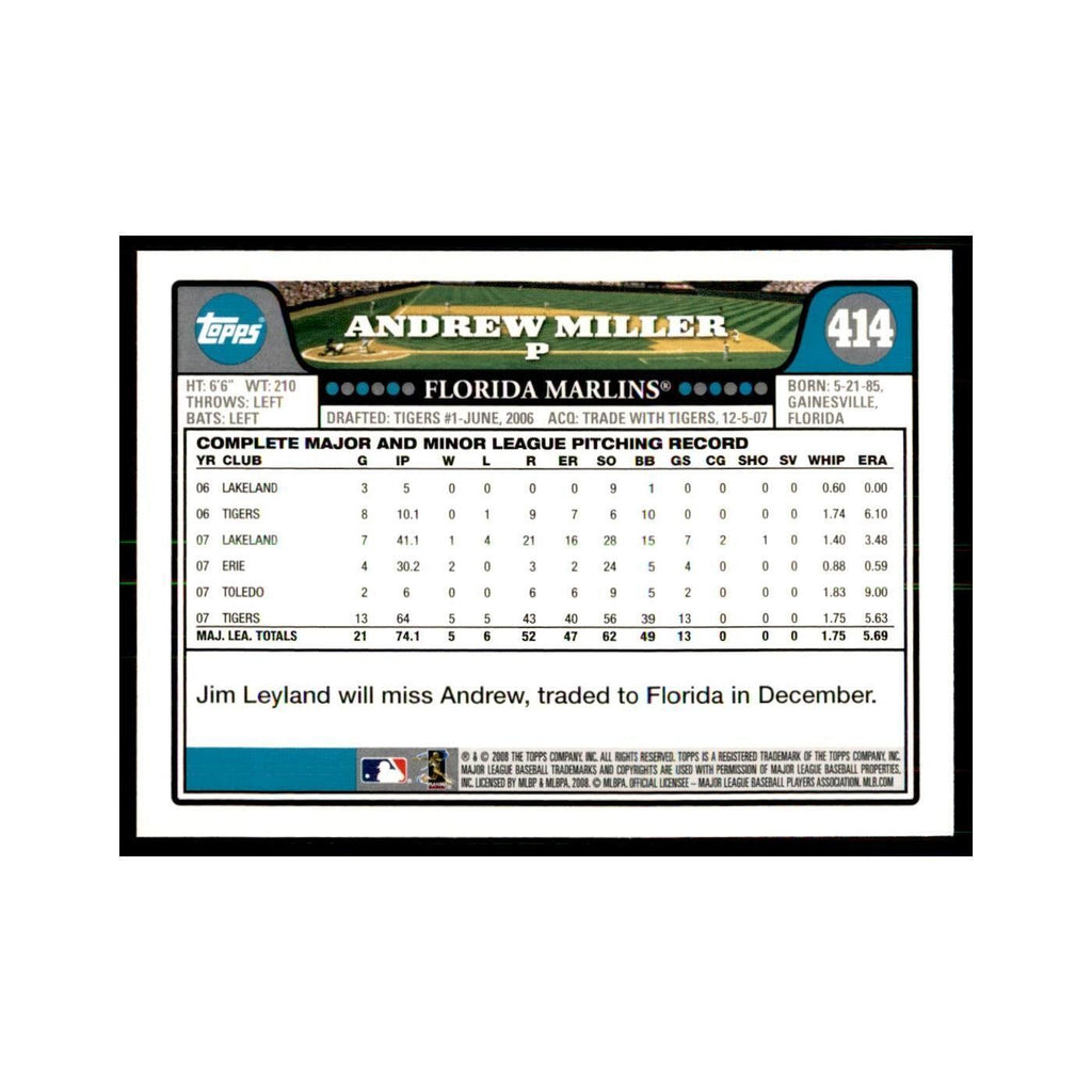 Andrew Miller 2008 Topps #414 Baseball Cards Baseball Card NM