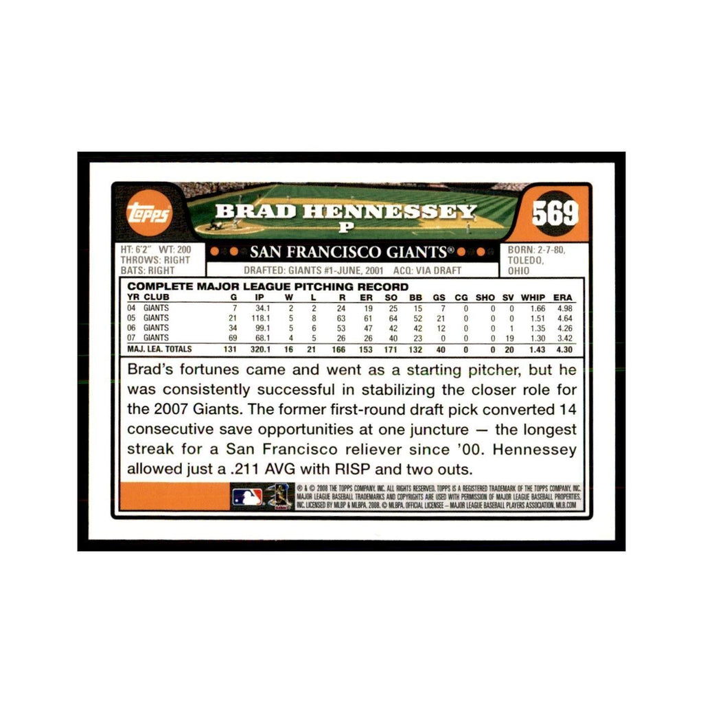 Brad Hennessey 2008 Topps #569 Baseball Cards Baseball Card NM
