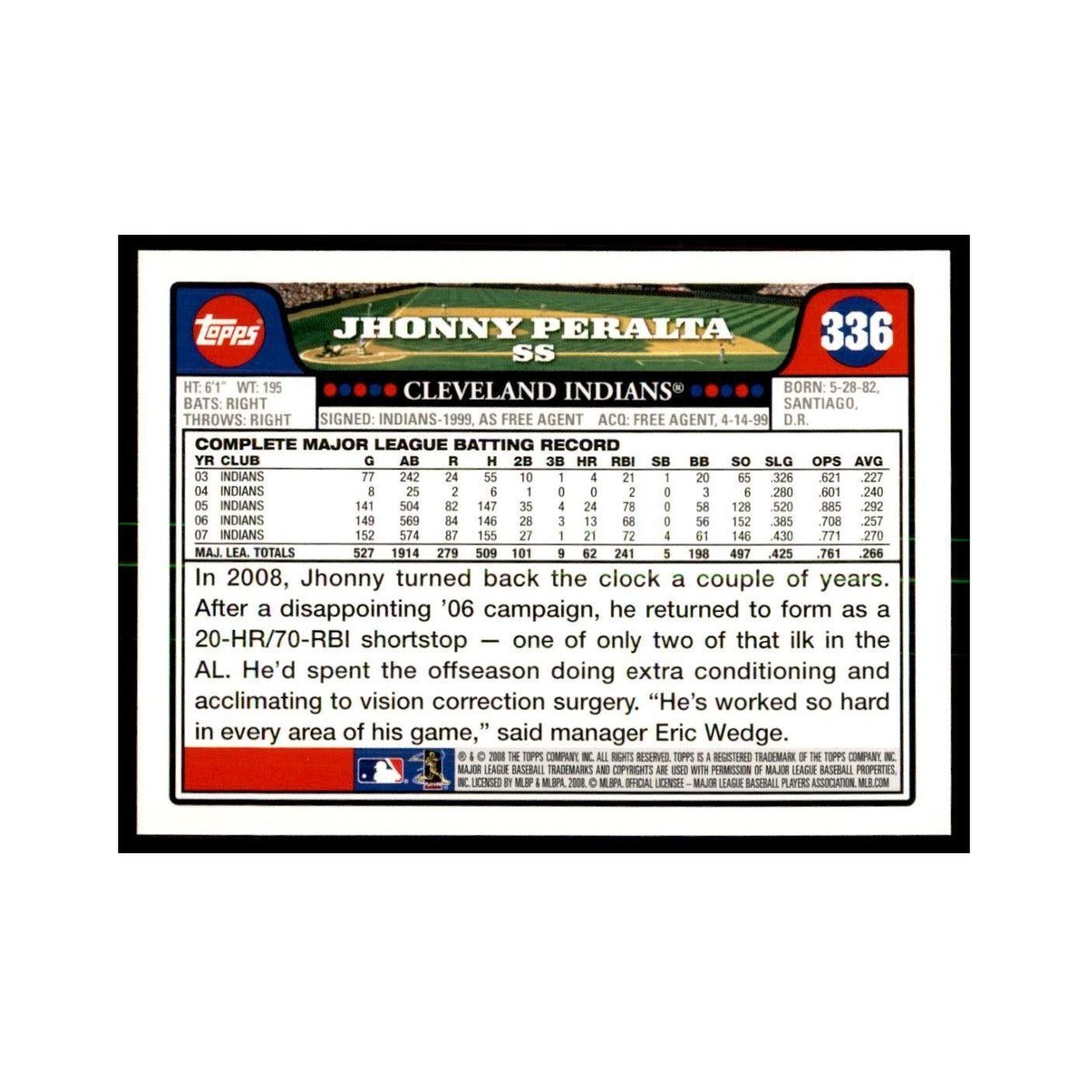 Jhonny Peralta 2008 Topps #336 Baseball Cards Baseball Card NM