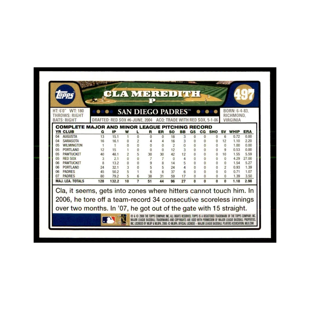 Cla Meredith 2008 Topps #497 Baseball Cards Baseball Card NM