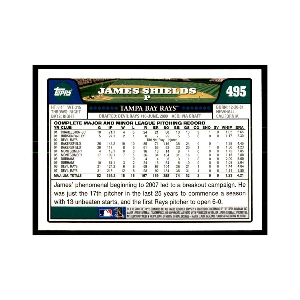 James Shields 2008 Topps #495 Baseball Cards Baseball Card NM