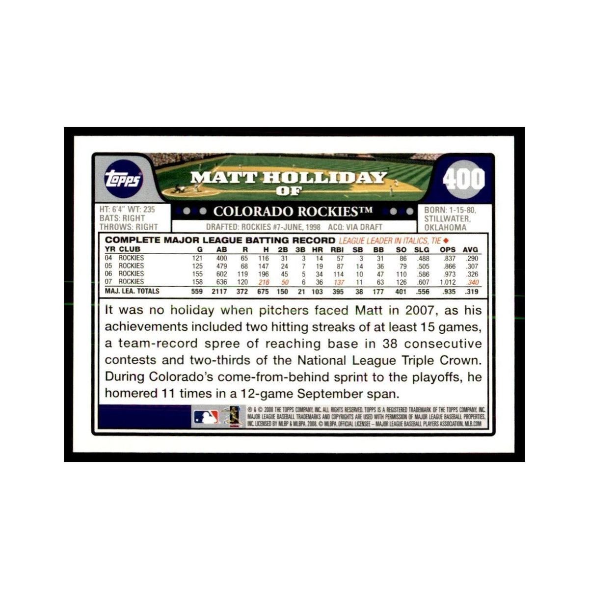 Matt Holliday 2008 Topps #400 Baseball Cards Baseball Card NM