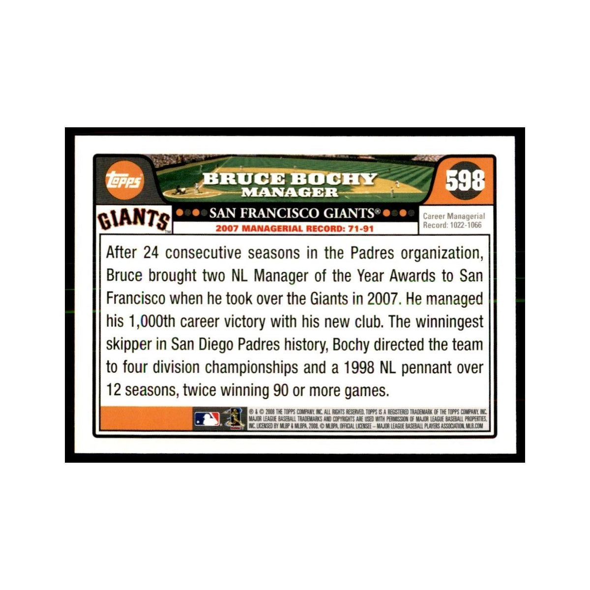 Bruce Bochy 2008 Topps #598 Baseball Cards Baseball Card NM