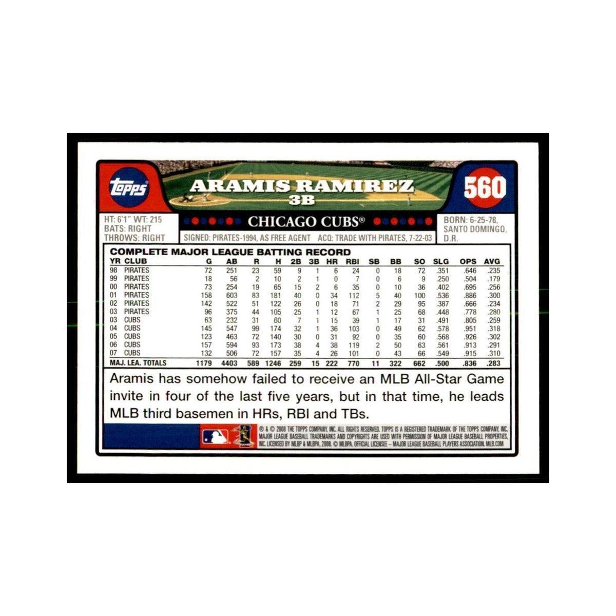 Aramis Ramirez 2008 Topps #560 Baseball Cards Baseball Card NM