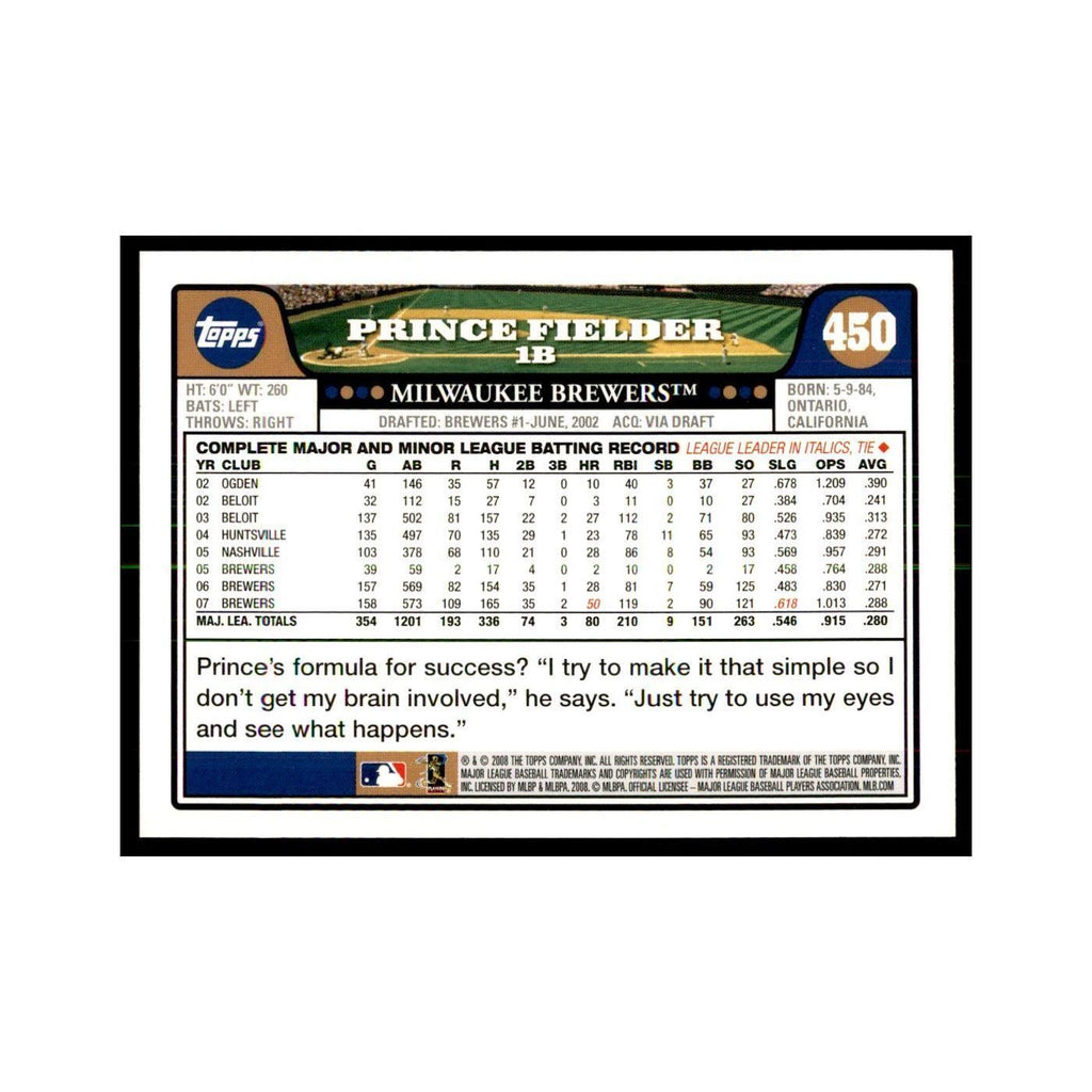 Prince Fielder 2008 Topps #450 Baseball Cards Baseball Card NM