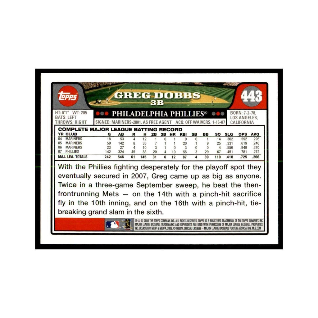 Greg Dobbs 2008 Topps #443 Baseball Cards Baseball Card NM