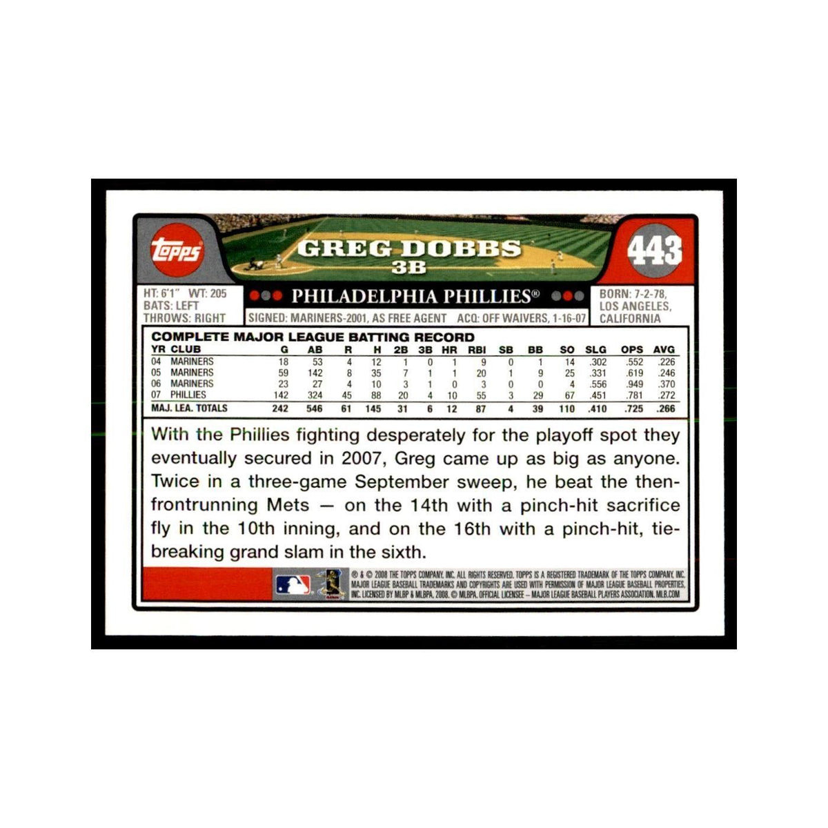 Greg Dobbs 2008 Topps #443 Baseball Cards Baseball Card NM