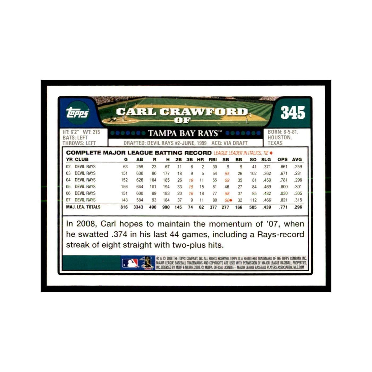 Carl Crawford 2008 Topps #345 Baseball Cards Baseball Card NM
