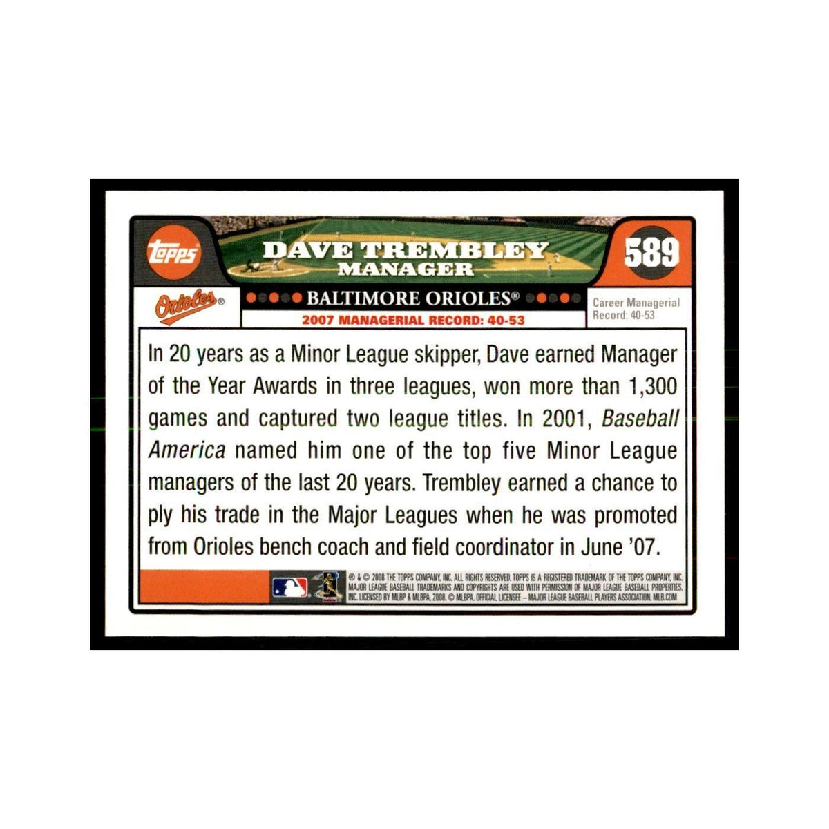 Dave Trembley 2008 Topps #589 Baseball Cards Baseball Card NM