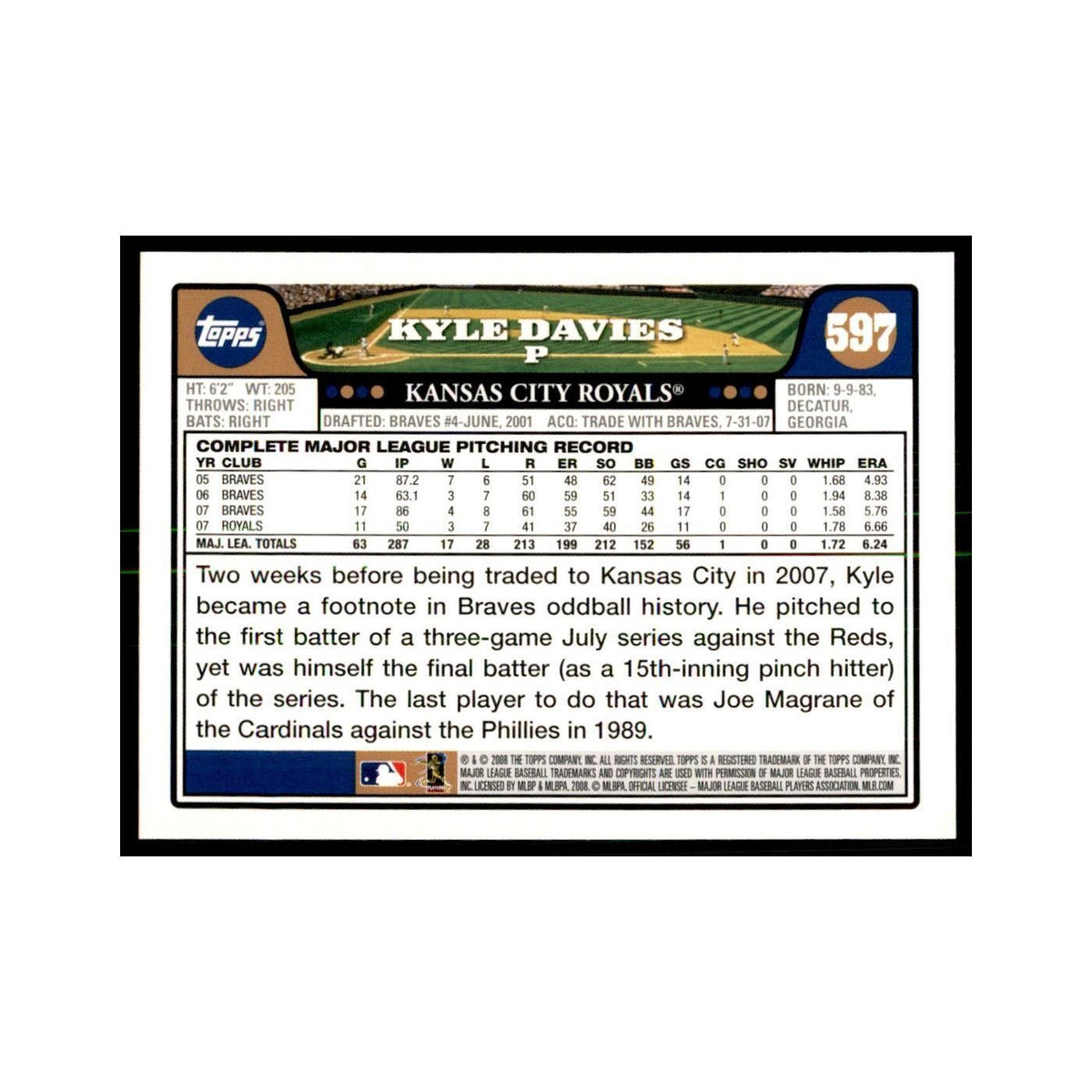 Kyle Davies 2008 Topps #597 Baseball Cards Baseball Card NM