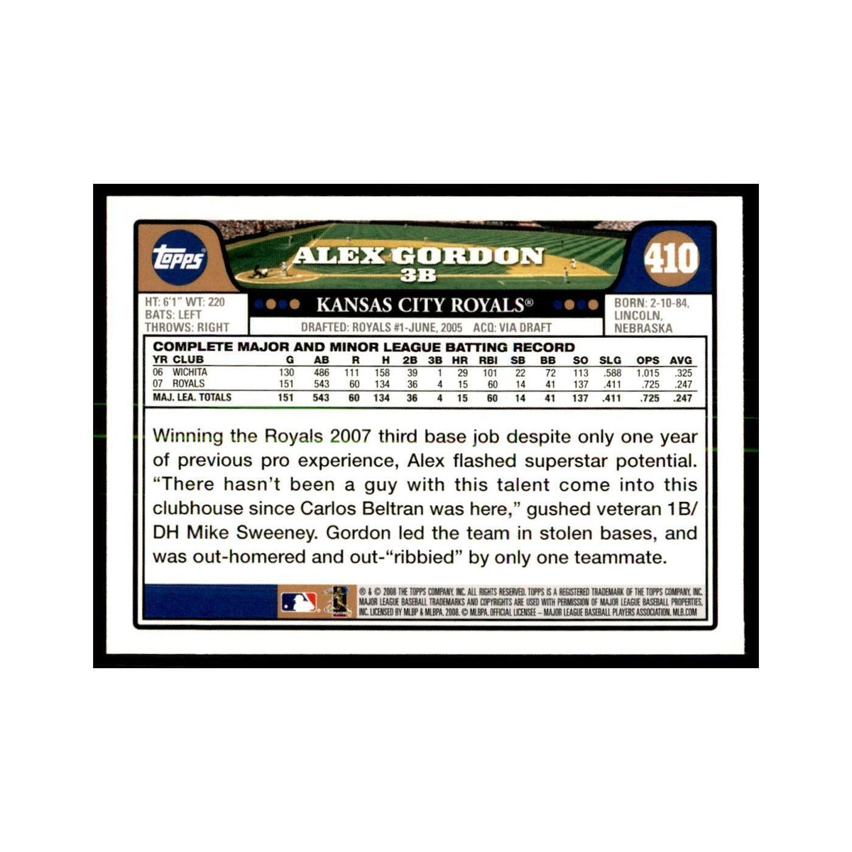 Alex Gordon 2008 Topps #410 Baseball Cards Baseball Card NM