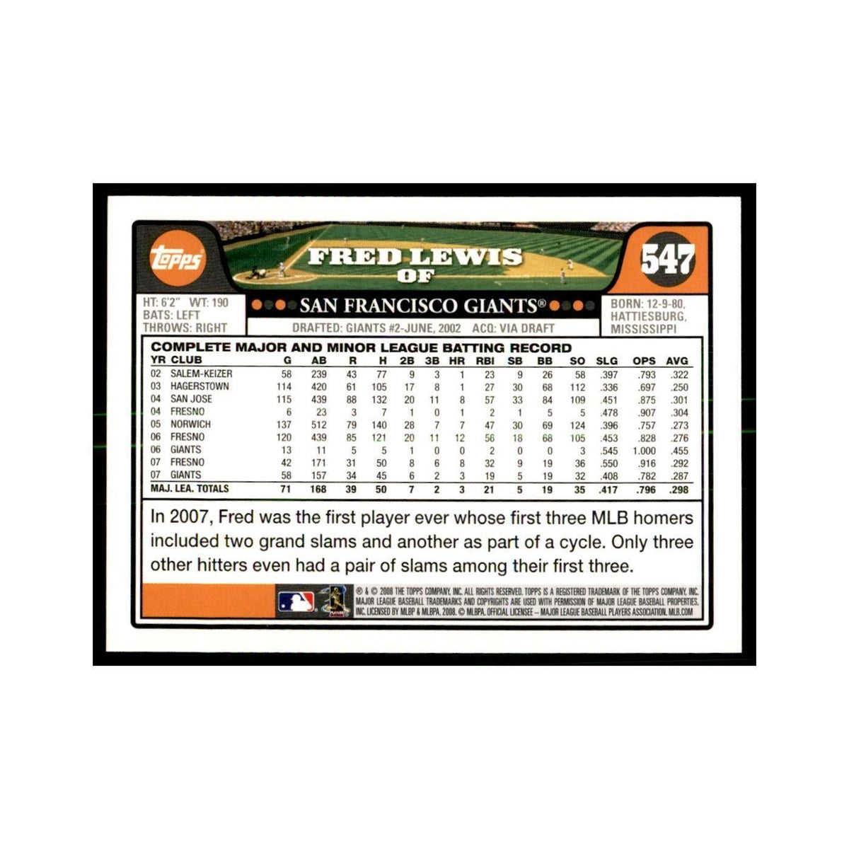 Fred Lewis 2008 Topps #547 Baseball Cards Baseball Card NM
