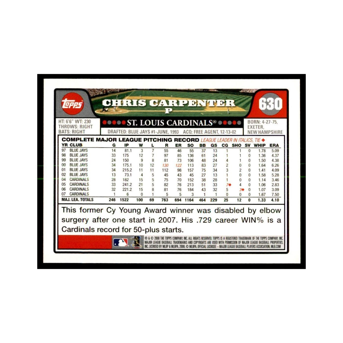 Chris Carpenter 2008 Topps #630 Baseball Cards Baseball Card NM